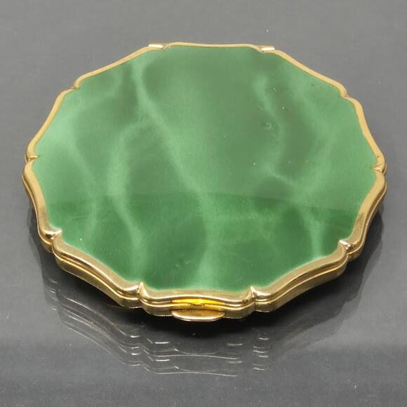 Vtg 50s Stratton Powder Compact Mirror Marbled Jade Green Gold Tone Made England - Picture 9 of 16